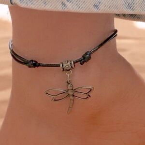 Dragonfly Leather Anklet Bracelet Adjustable Black Cord Brass Tone Boho Gift NWT